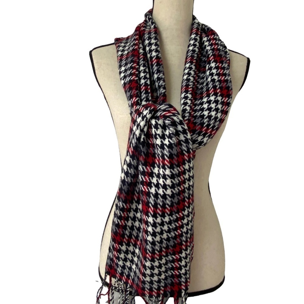 Hound Tooth  Multi Colors (Black Red Gray White) Fringe Scarf. Sz OS